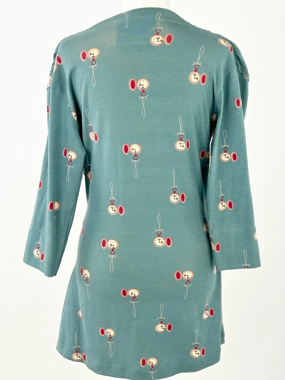 Effie’s Heart Pocket Watch Print Tunic Mini Dress M Teal Retro Cotton Stretch
